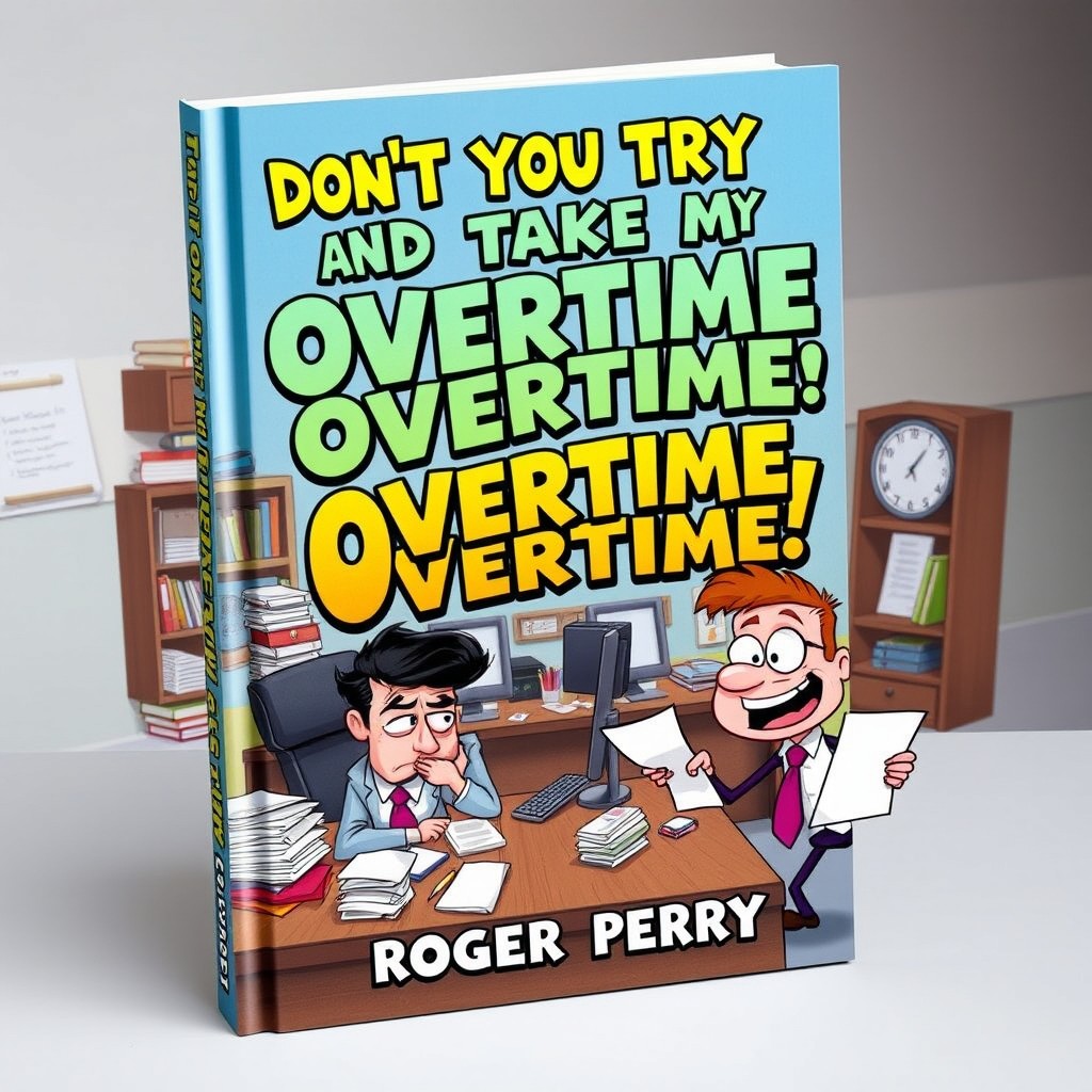 A book cover for 'Don't You Try and Take My Overtime, You Greedy Little Runt!' by Roger Perry, designed with a fun and energetic aesthetic