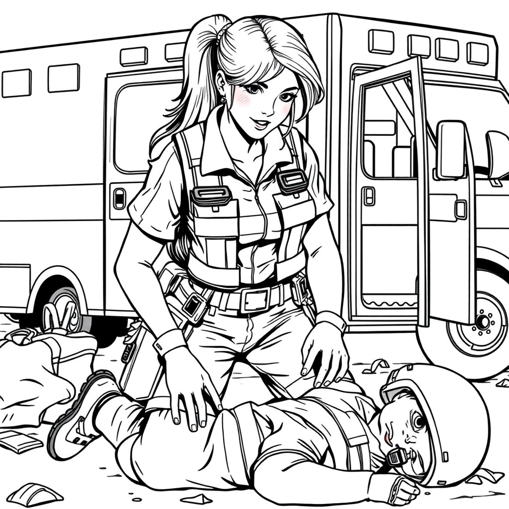 A detailed black and white illustration of a female EMT in full uniform, complete with reflective vest, medical equipment belt, and medical bag