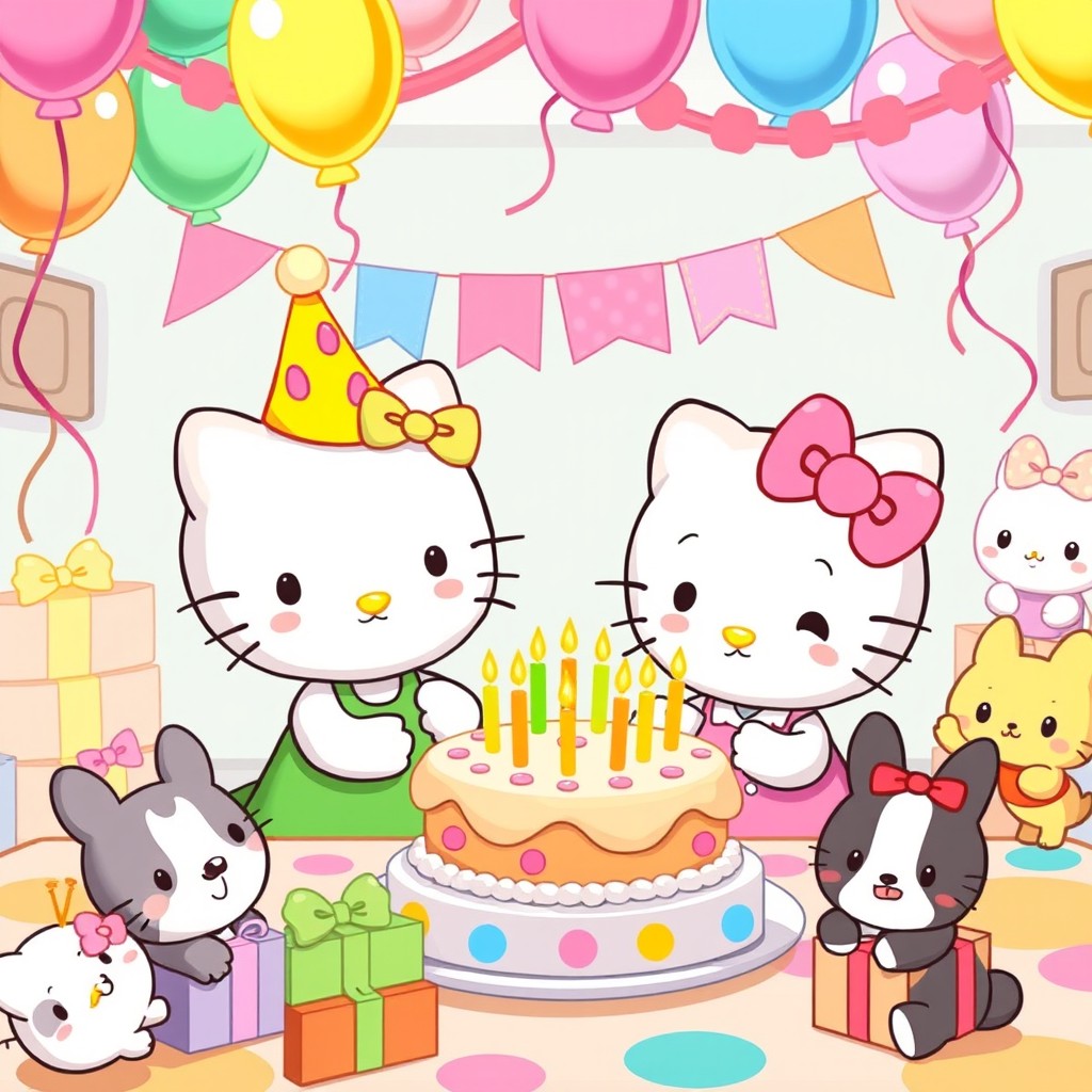 A delightful cartoon scene featuring Hello Kitty and her sister, Mimmy, celebrating a colorful birthday party