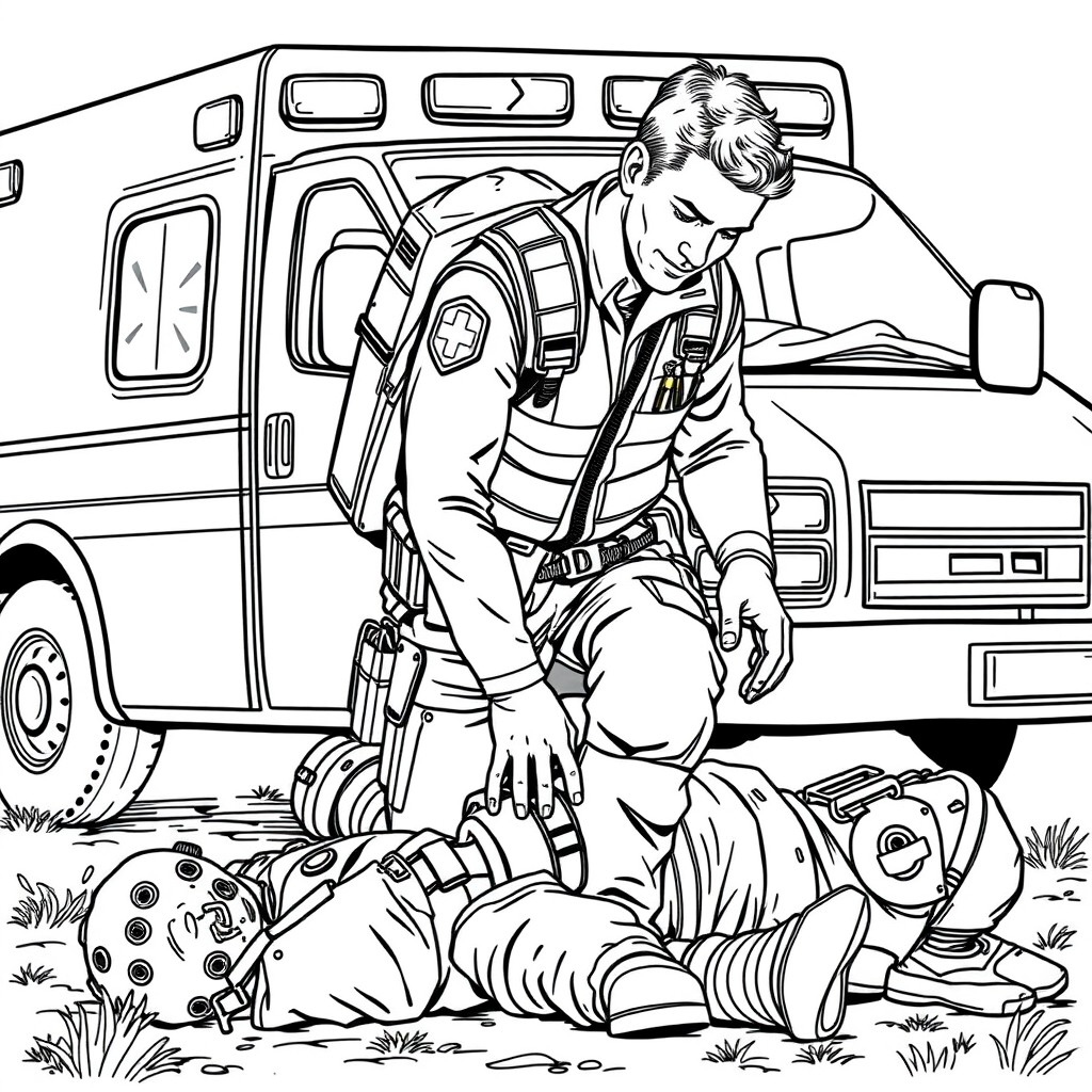 A detailed black and white illustration of an EMT in full uniform, including a reflective vest and medical equipment belt