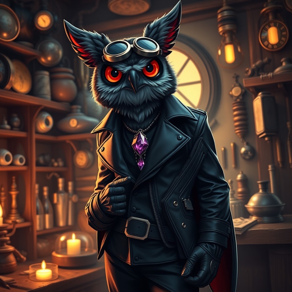 An Owlin character with an intensified black and red color scheme, depicted as an artificer