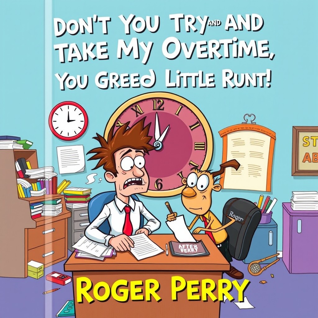 A book cover for 'Don't You Try and Take My Overtime, You Greedy Little Runt!' by Roger Perry, featuring a vibrant and whimsical design