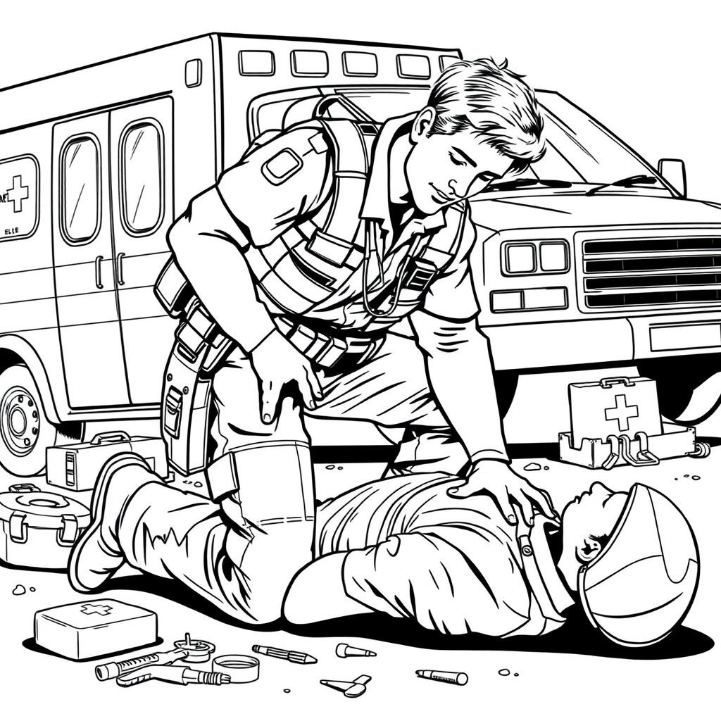 A detailed black and white illustration of an EMT (Emergency Medical Technician) in uniform, featuring a reflective vest, medical equipment belt, and a stethoscope