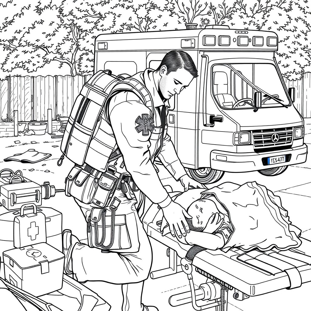 A detailed black and white illustration of a paramedic in full uniform, featuring a reflective vest and a medical equipment belt