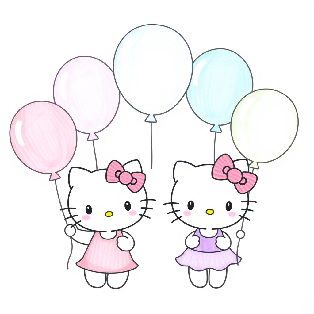 A drawing of Hello Kitty and her sister Mimmy, both holding colorful balloons in pastel shades