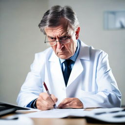 An image capturing an intense moment with an angry doctor in a crisp white coat. He is fervently writing a research paper, teeth gritted, evident frustration marking his face.