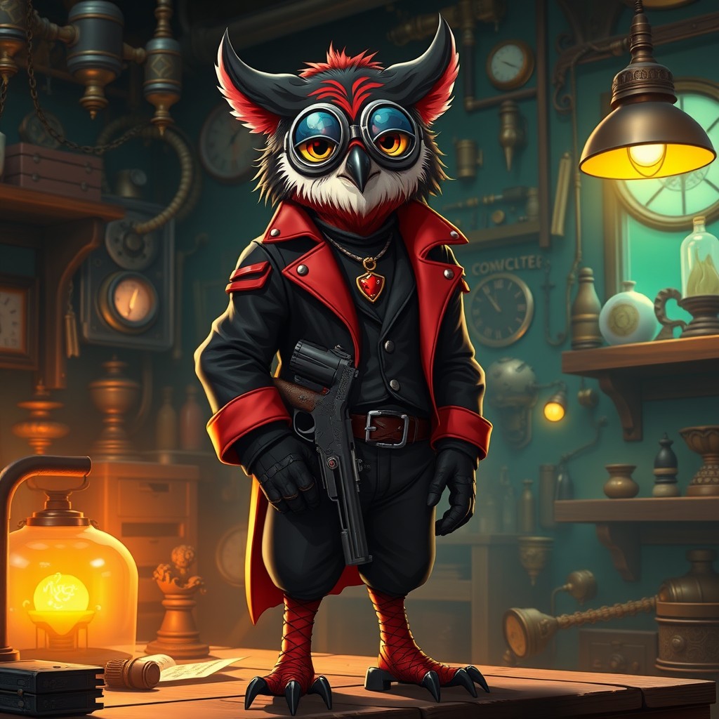 An Owlin character, featuring an enhanced black and red color scheme, depicted as an artificer
