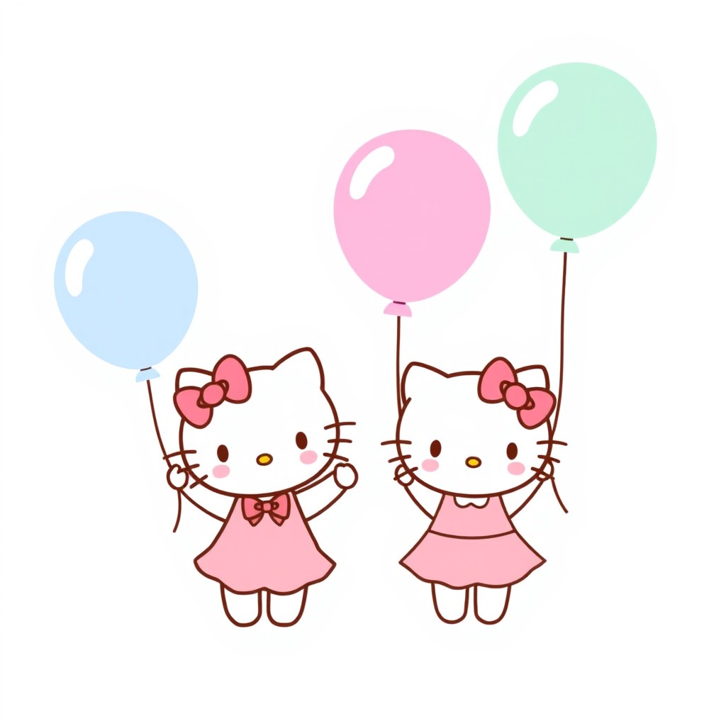 A charming illustration featuring Hello Kitty and her sister, both joyfully holding pastel-colored balloons