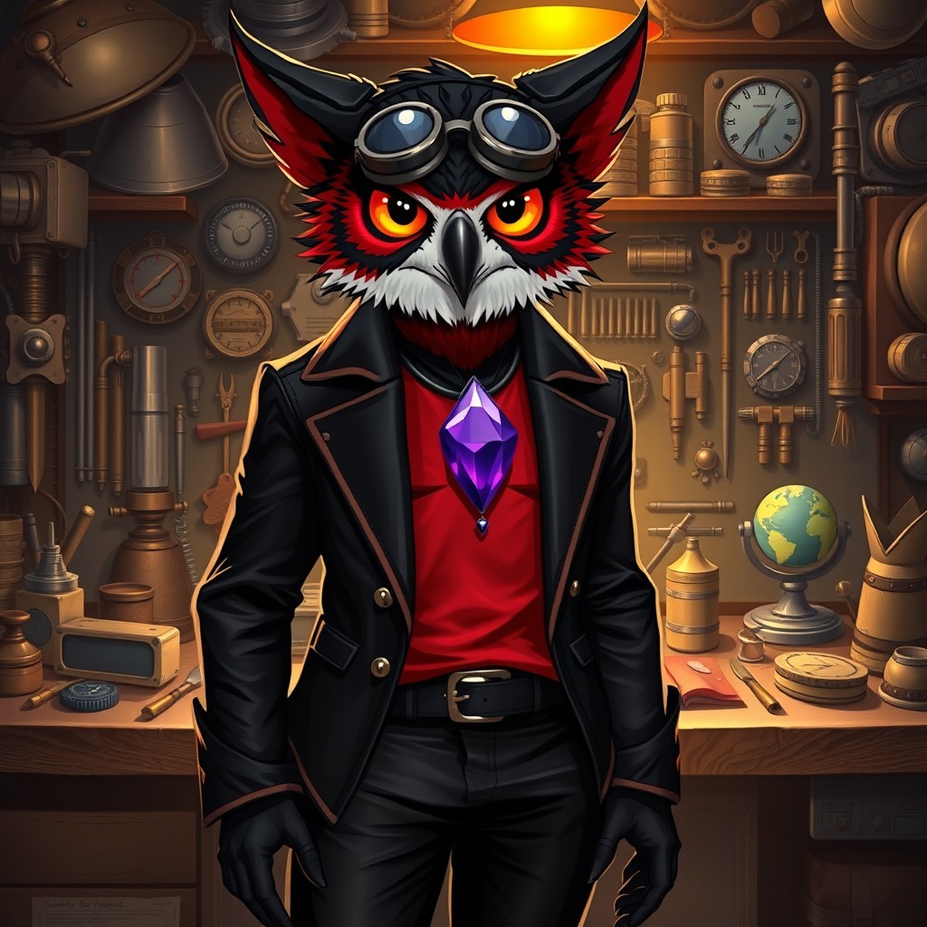 A human-sized male Owlin character, featuring a striking black and red color scheme, depicted as an artificer