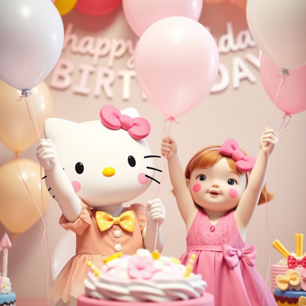Hello Kitty celebrating with her little sister, both joyfully holding pastel-colored balloons at a happy birthday party