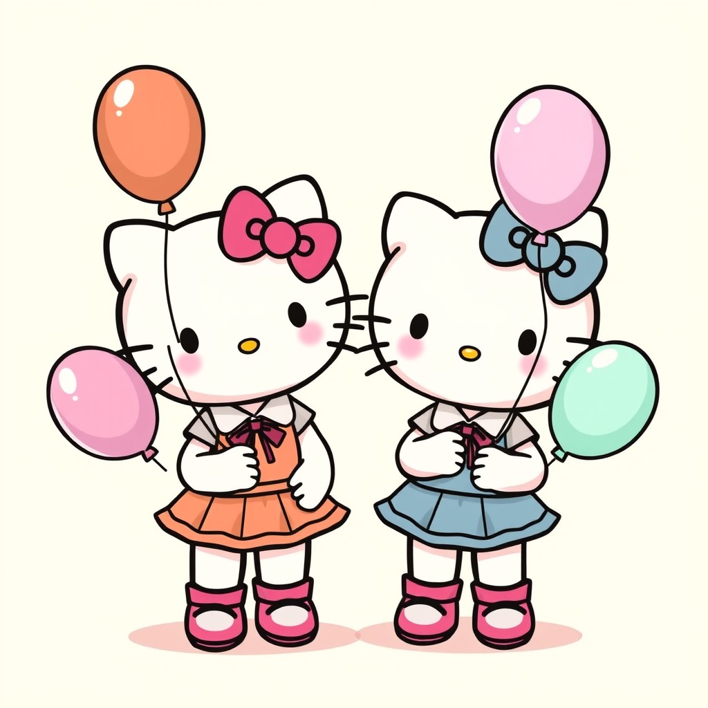 A cute illustration of Hello Kitty and her twin sister, both wearing matching outfits in different colors