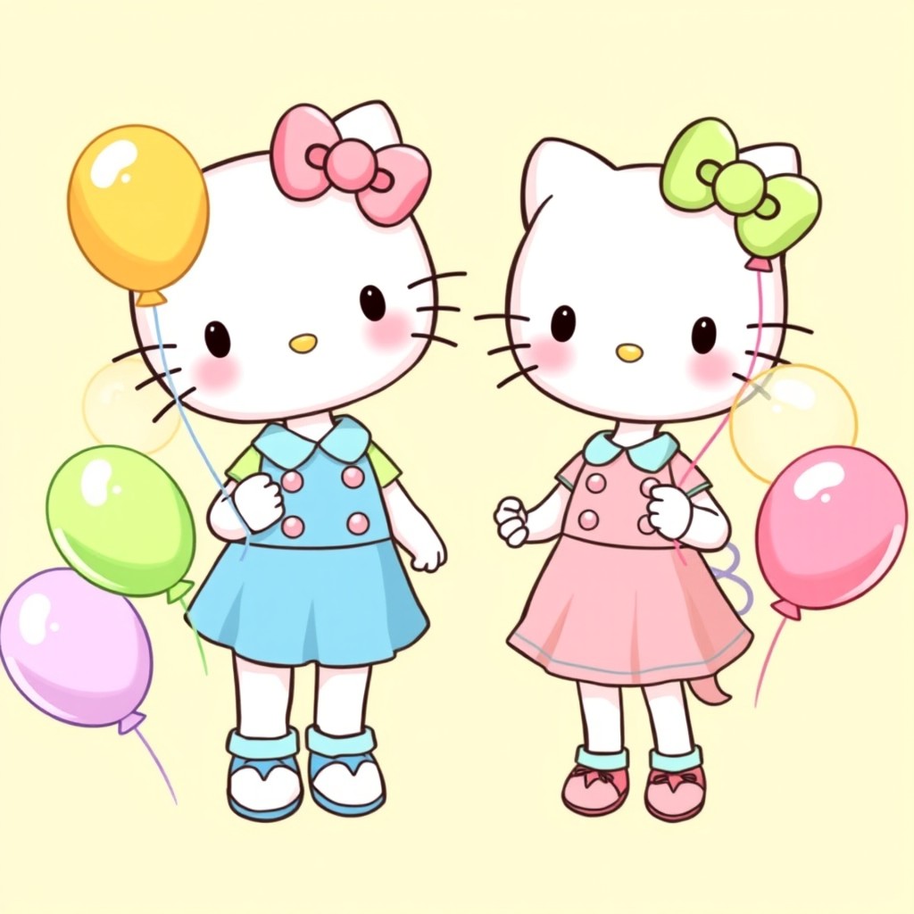 A cute illustration of Hello Kitty and her little sister mimicking each other in matching outfits, yet each wearing different pastel colors