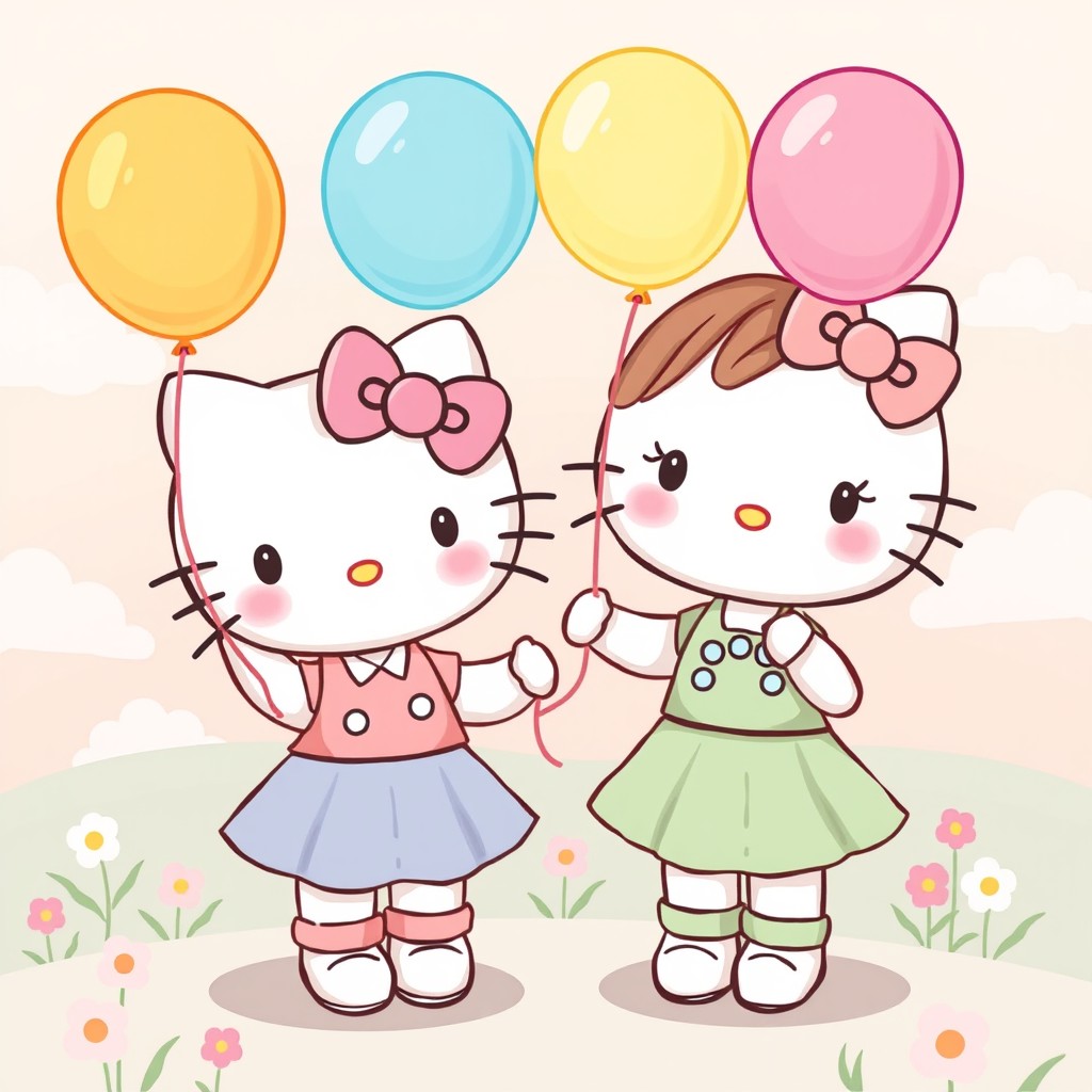 A cute illustration featuring Hello Kitty and her little sister, both dressed in matching outfits but in different pastel colors
