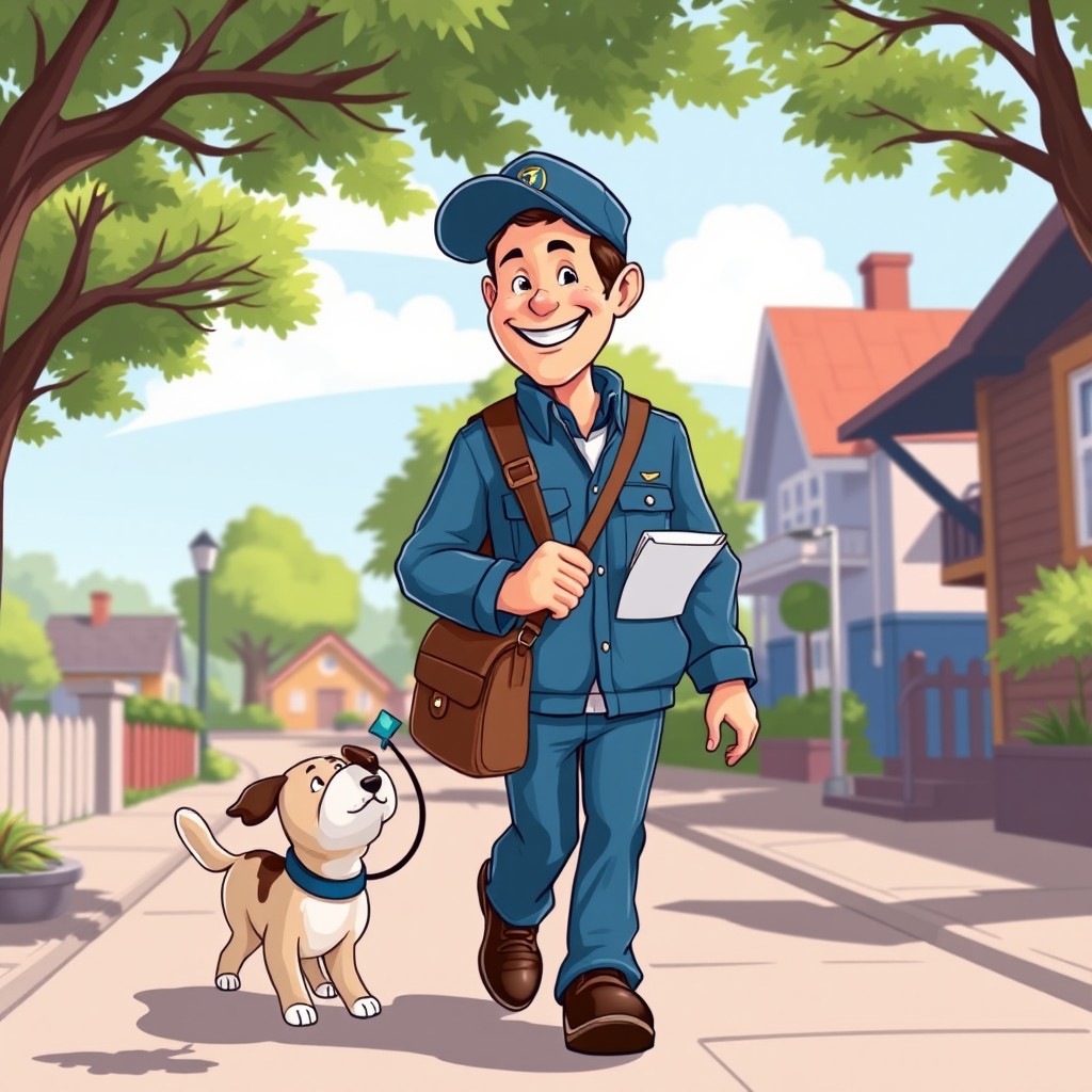 A stylized, artistic representation of a postman on his delivery route, wearing a traditional postal uniform including a blue jacket, cap, and a leather bag slung over his shoulder