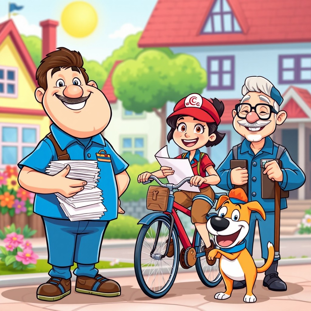 A vibrant and playful scene featuring four distinct animated characters from a postman theme