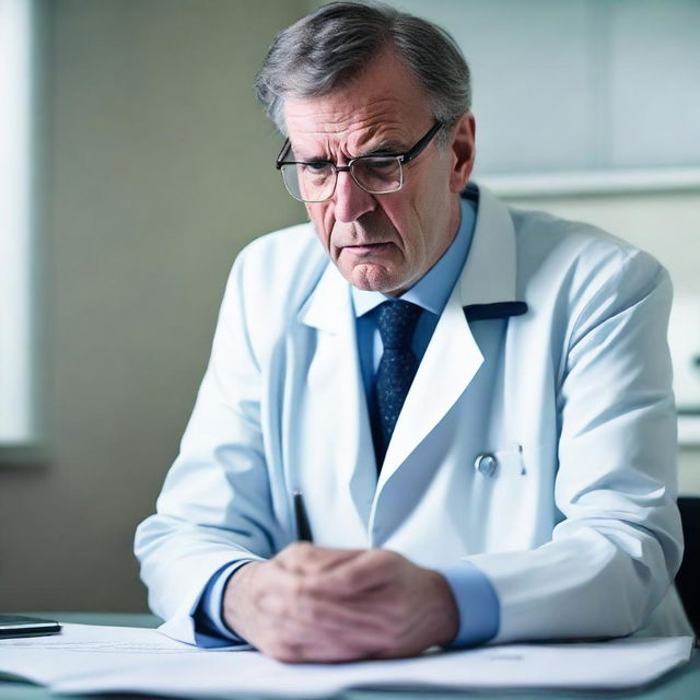 An image capturing an intense moment with an angry doctor in a crisp white coat. He is fervently writing a research paper, teeth gritted, evident frustration marking his face.