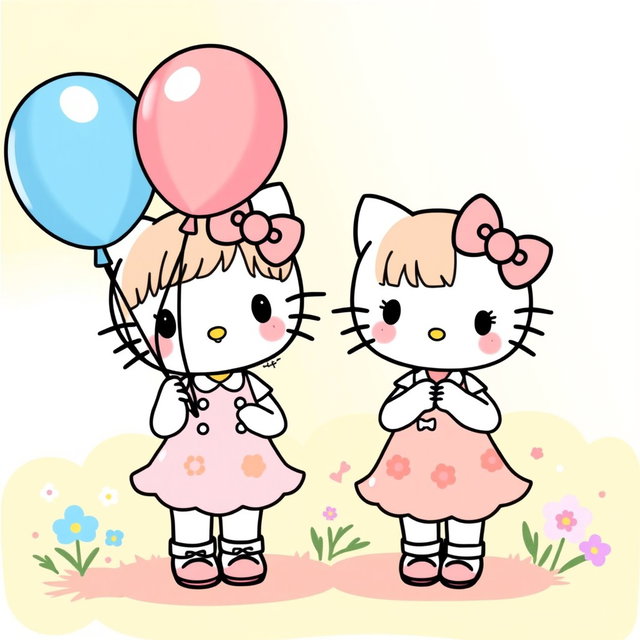 A cute illustration featuring Hello Kitty and her little sister, both wearing matching outfits in different pastel colors