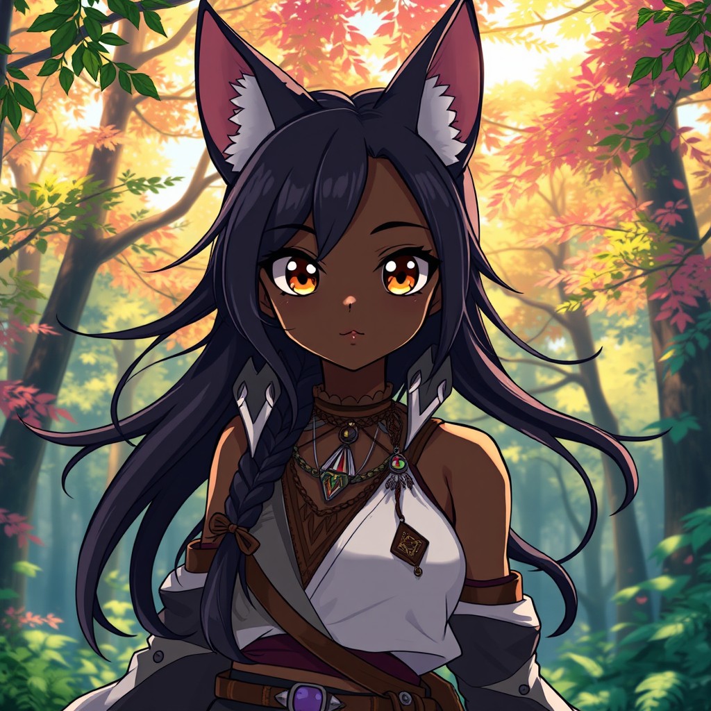A dark skin anime girl with prominent wolf ears, showcasing her unique features in a colorful and expressive anime style