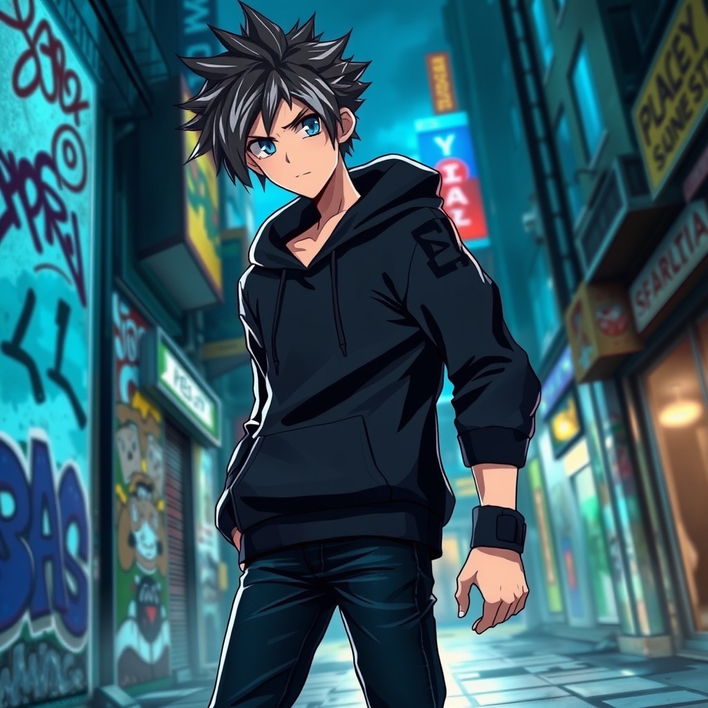 An anime boy with striking black hair featuring white streaks, wearing a stylish black hoodie and dark blue jeans