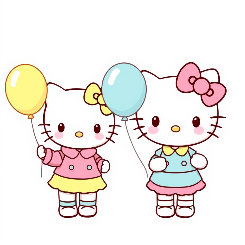 A cute illustration of Hello Kitty and her hairless little sister, both wearing matching outfits in different pastel colors