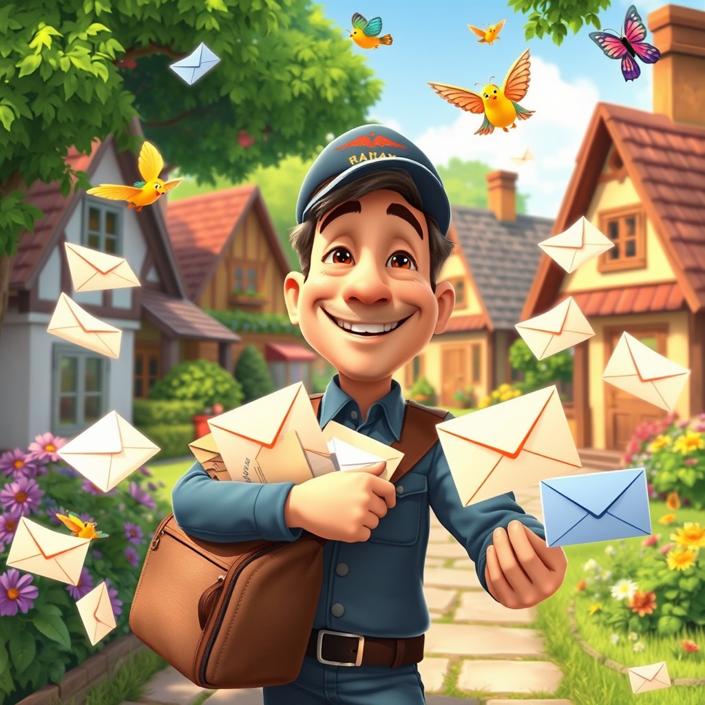 An animated scene featuring a cheerful postman character in a vibrant village setting, delivering letters