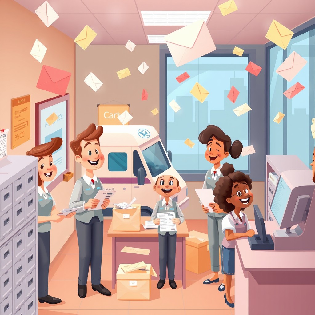 A whimsical animation depicting a busy post office scene