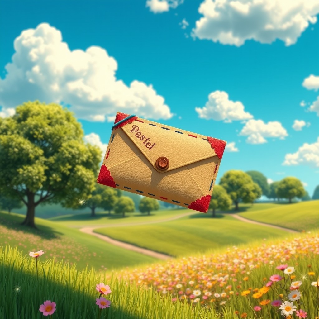 A captivating animation scene of a magical post letter flying through a picturesque landscape