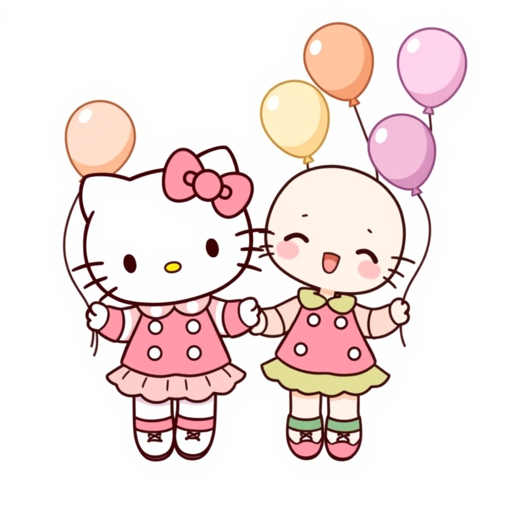 A cute illustration featuring Hello Kitty alongside her sister, who is bald, both wearing matching outfits in different pastel colors