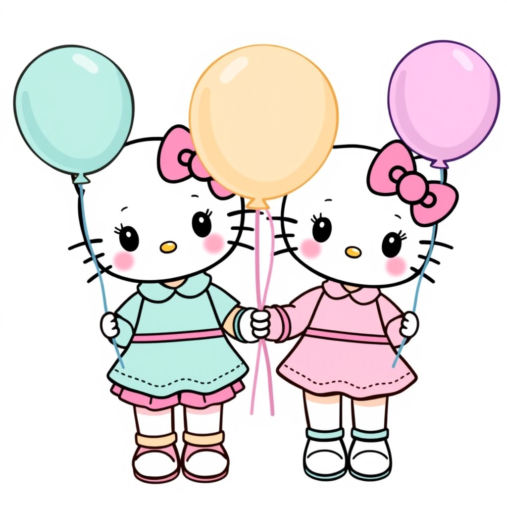 A cute illustration of Hello Kitty and her little sister, both wearing matching outfits but in different pastel colors