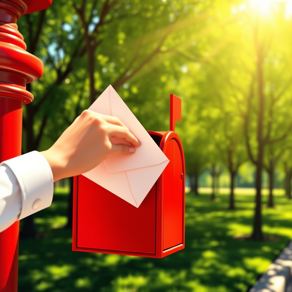 An animation of a hand elegantly posting a letter into a bright red mailbox