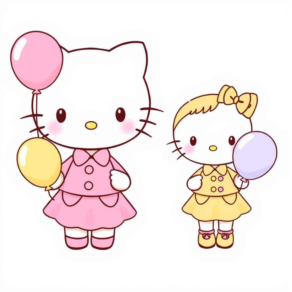 A cute illustration of Hello Kitty and her little sister, both wearing matching outfits but in different pastel colors