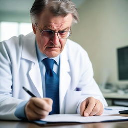 An image capturing an intense moment with an angry doctor in a crisp white coat. He is fervently writing a research paper, teeth gritted, evident frustration marking his face.