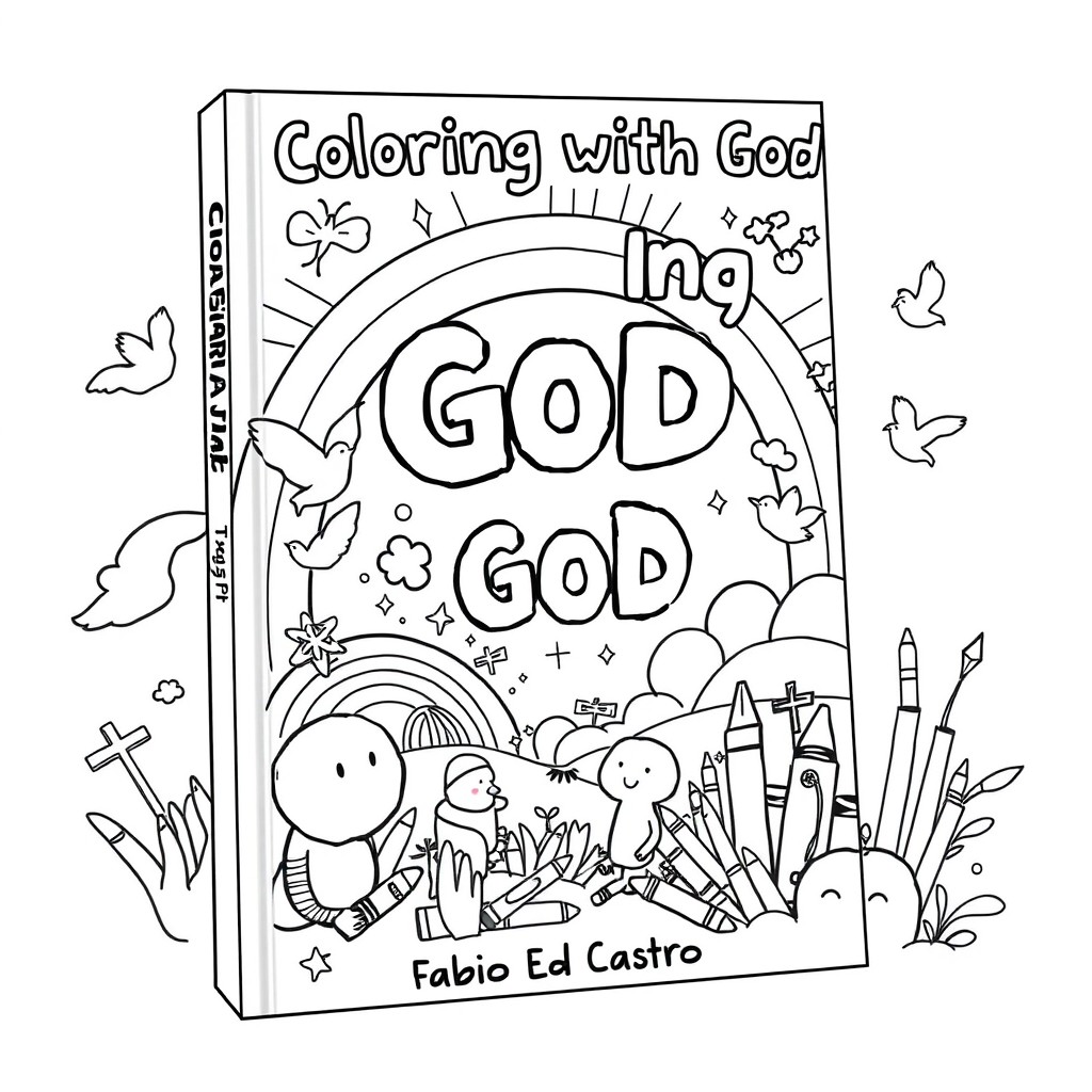An e-book cover titled 'Coloring with God' by Fabio Ed Castro, illustrated in a cartoon style
