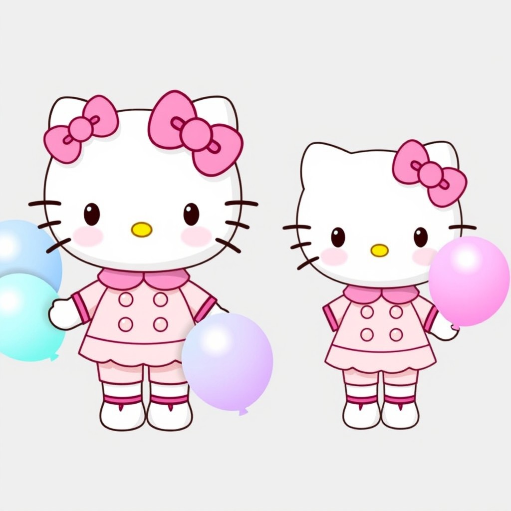 A standard Hello Kitty character alongside a smaller version of Hello Kitty, both wearing identical outfits in different pastel colors