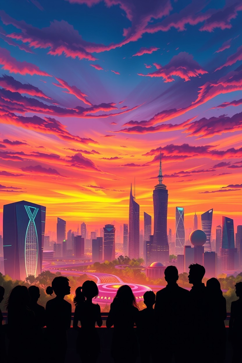 A visually striking AI-generated cover illustration featuring a futuristic city skyline at sunset, with vibrant colors blending seamlessly in the sky