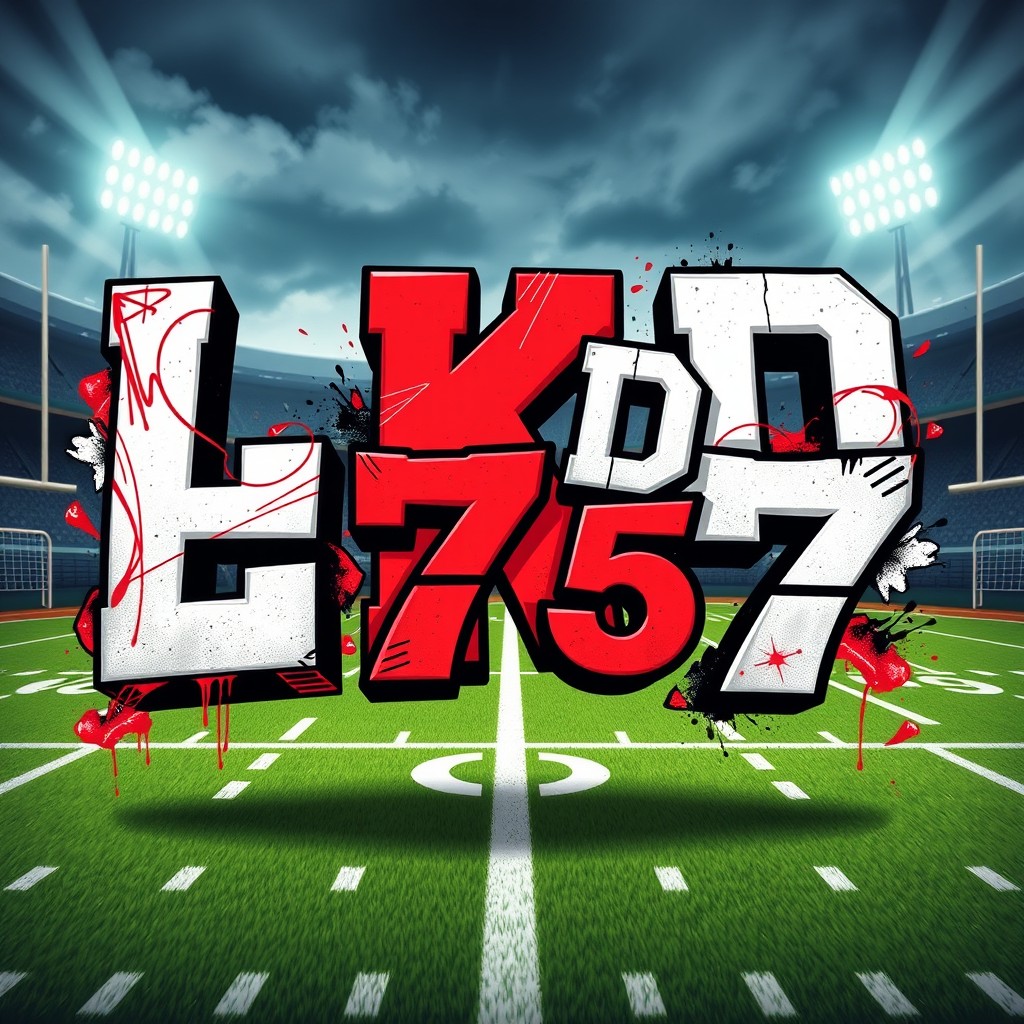 A dynamic and vibrant depiction of American football-themed letters and numbers arranged artistically