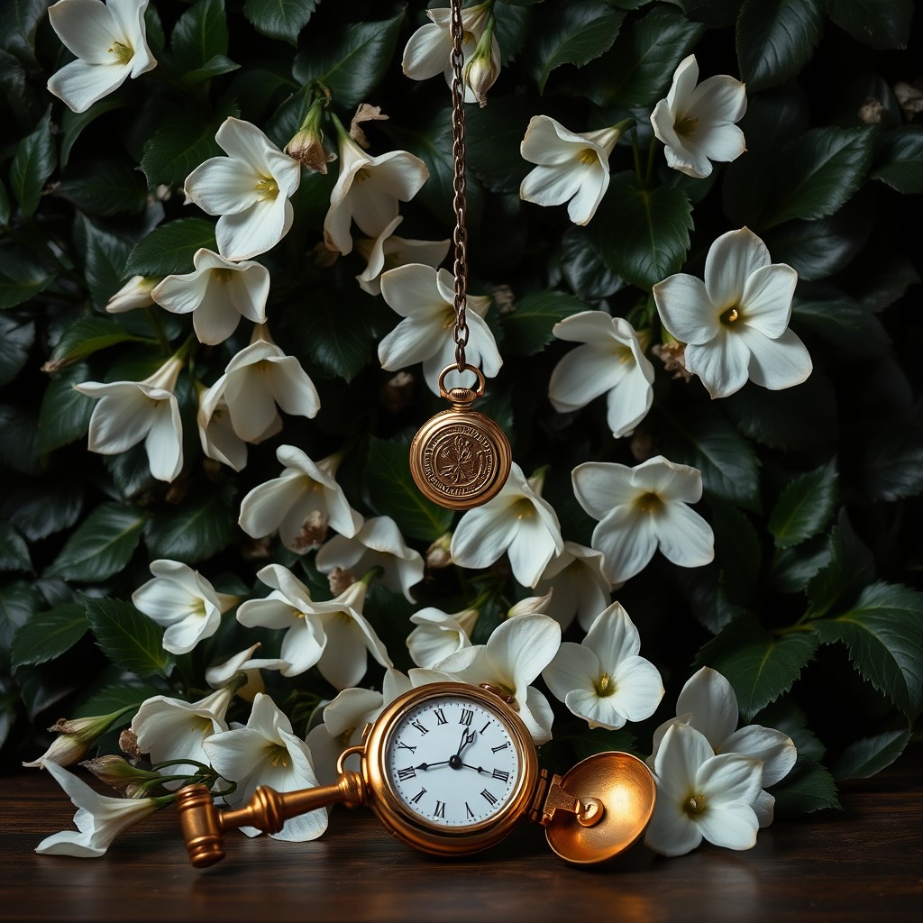 A striking composition featuring pale white flowers blooming gracefully against a dark, dense ivy background