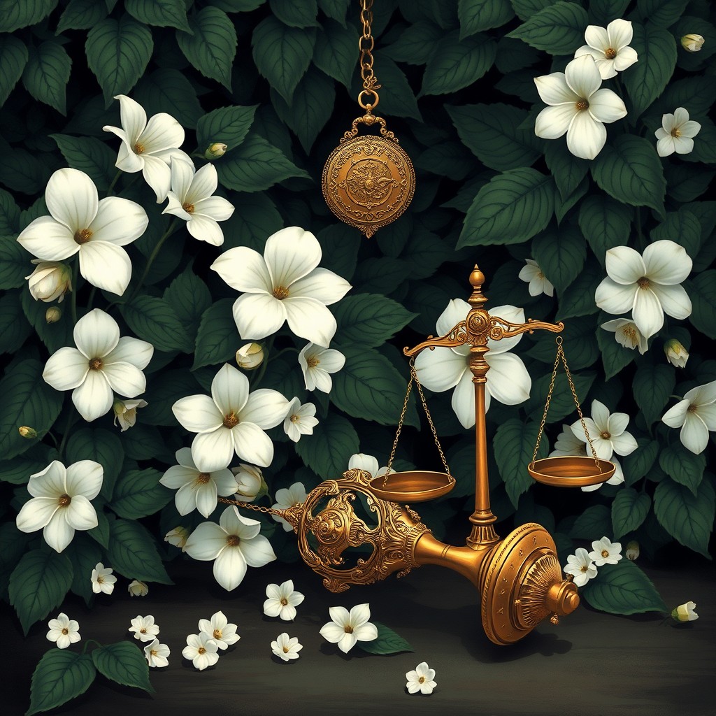 An elegant illustration featuring pale white flowers blooming vibrantly against a rich, dark, dense ivy background, with some flowers showing signs of withering to symbolize fragility