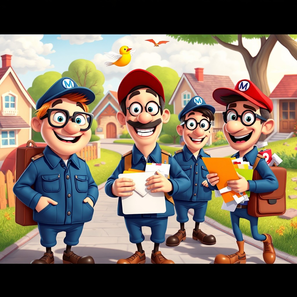 A vibrant and lively scene showcasing a group of quirky mailman characters animated in a whimsical style