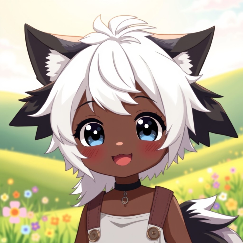 A cute dark skin anime girl with striking white hair and black wolf ears, portrayed in an adorable anime style