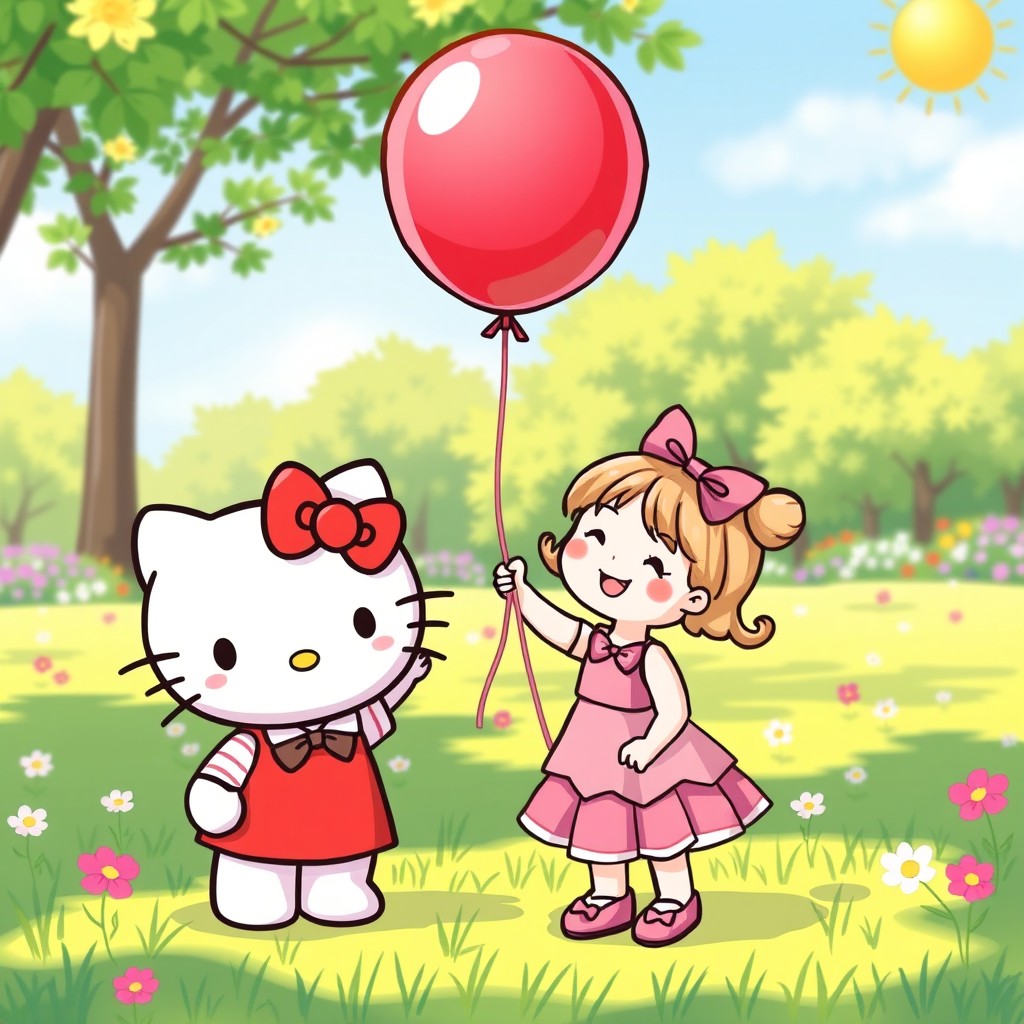 A cute and colorful illustration featuring a classic Hello Kitty character standing joyfully with her little sister, both holding a vibrant balloon