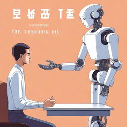 A high-quality digital art depicting a young man and a robot seated at a table, engaging in a handshake