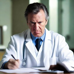 An image capturing an intense moment with an angry doctor in a crisp white coat. He is fervently writing a research paper, teeth gritted, evident frustration marking his face.