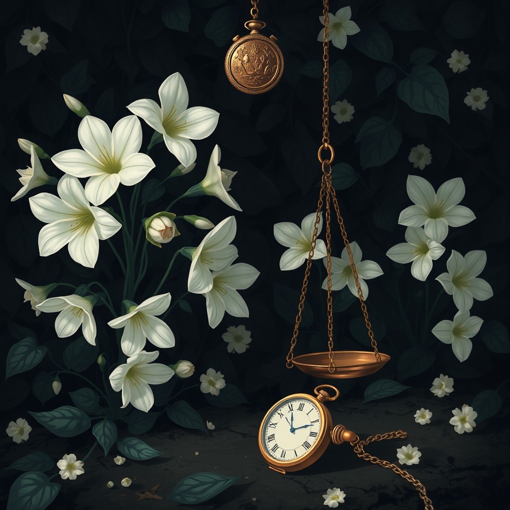 A digital illustration featuring a composition of pale white flowers blooming beautifully on a dark, dense ivy background, with some flowers beginning to wither, portraying a sense of fragility