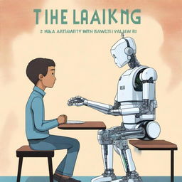 A high-quality digital art depicting a young man and a robot seated at a table, engaging in a handshake