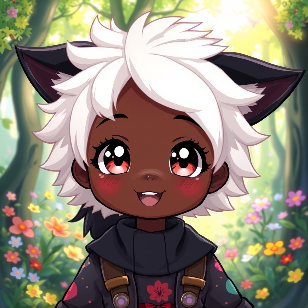 A cute dark skin girl with fluffy white hair and striking black wolf ears, illustrated in a vibrant anime style