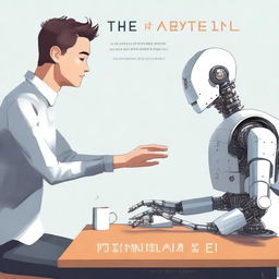 A high-quality digital art depicting a young man and a robot seated at a table, engaging in a handshake