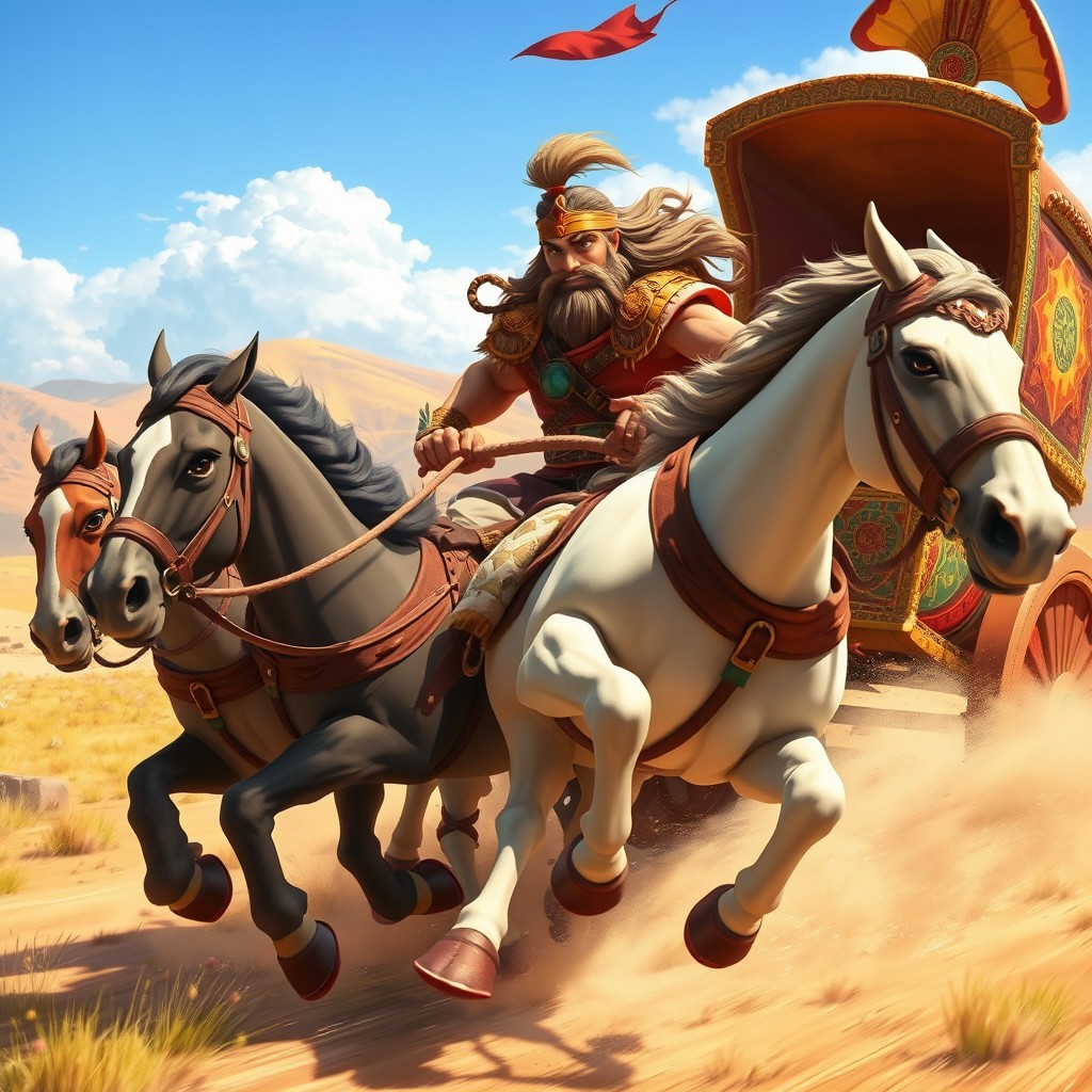 A dynamic scene featuring an animated character of a strong and heroic man riding a chariot, pulled by powerful horses, racing through a vibrant landscape