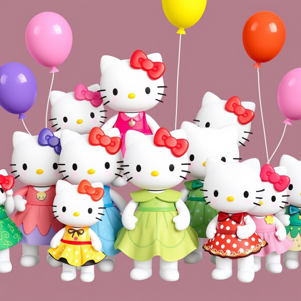A collection of Hello Kitty characters, each adorned in unique dresses with different designs and colors