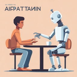 A high-quality digital art depicting a young man and a robot seated at a table, engaging in a handshake